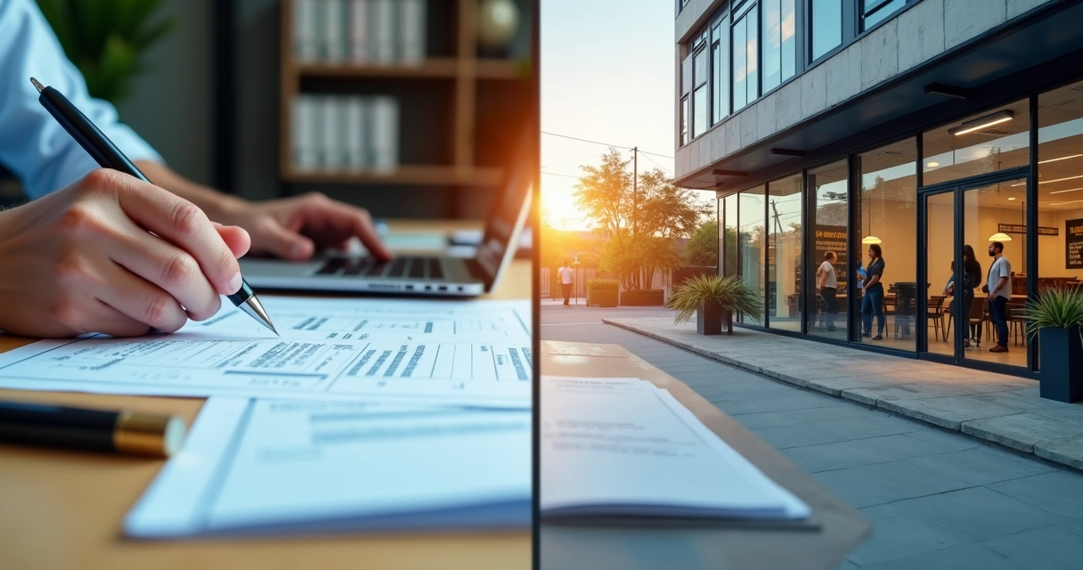 Divisão visual entre endereço fiscal em documento e endereço comercial em prédio moderno 