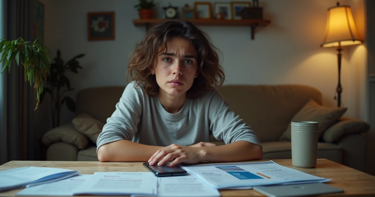 Jovem sentado em casa, cercado de boletos e fatura de cartão de crédito