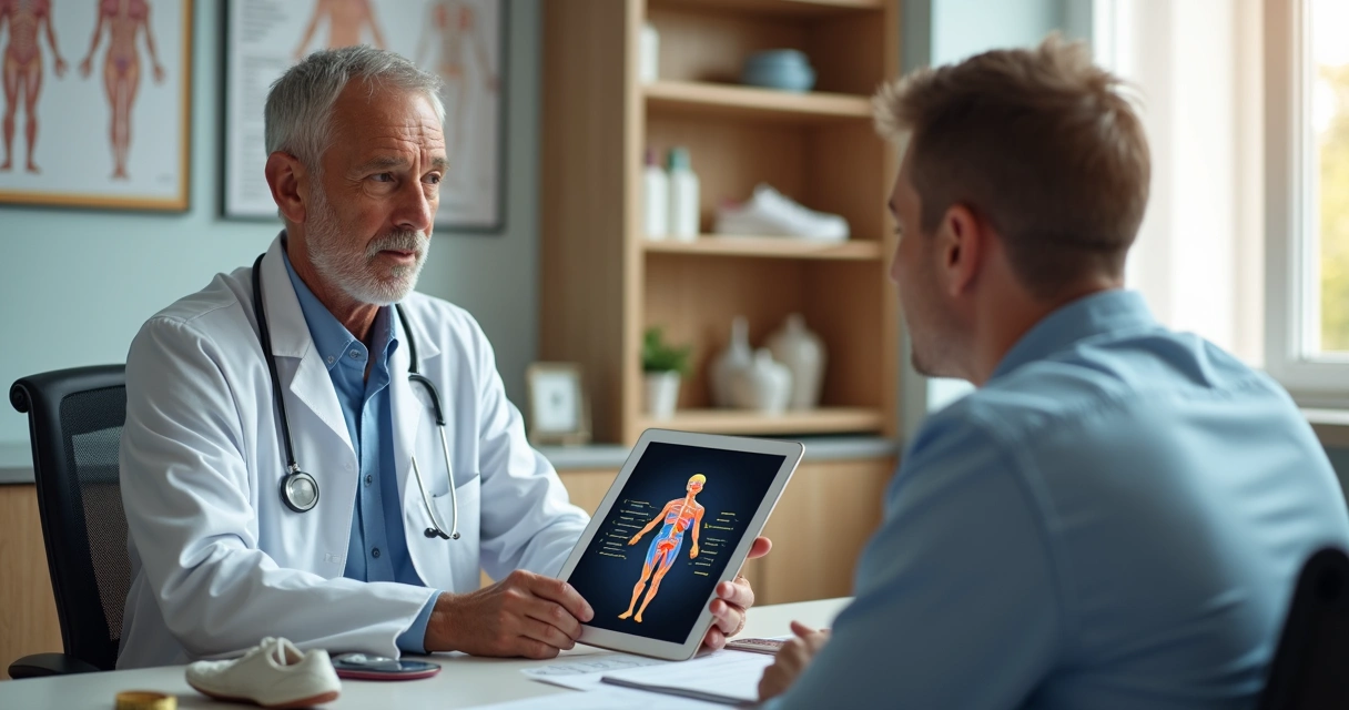 Endocrinologista mostrando em tablet como os hormônios afetam diferentes áreas da saúde do paciente 
