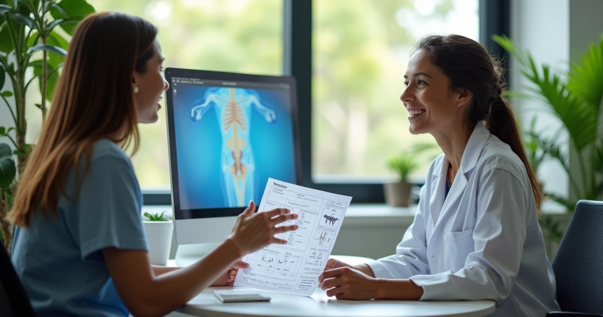 Endocrinologista orientando mulher adulta com exames em consultório em Manaus 