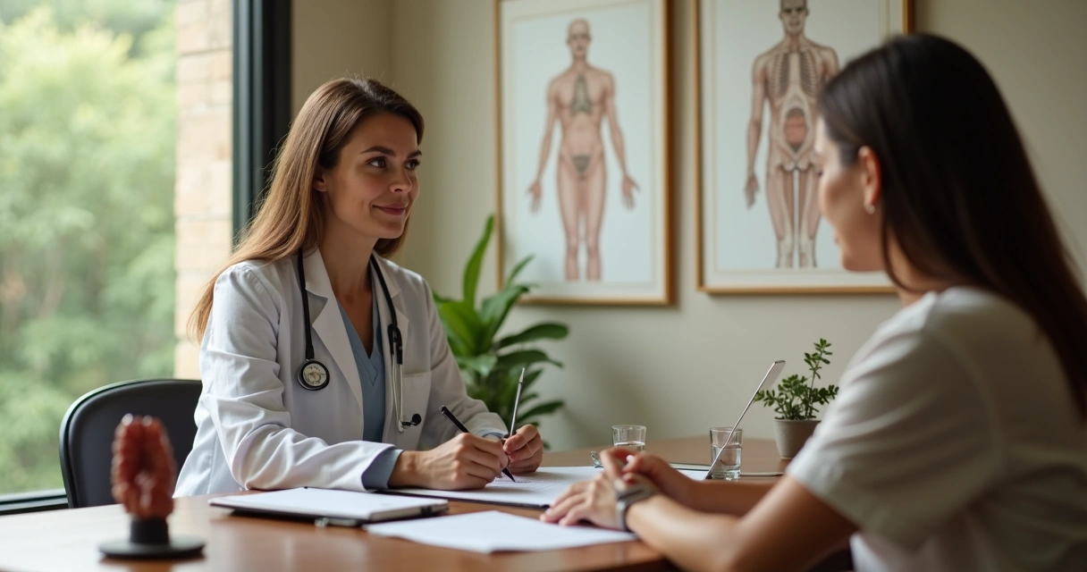 Endocrinologista mulher analisando prontuário de paciente em consultório acolhedor 