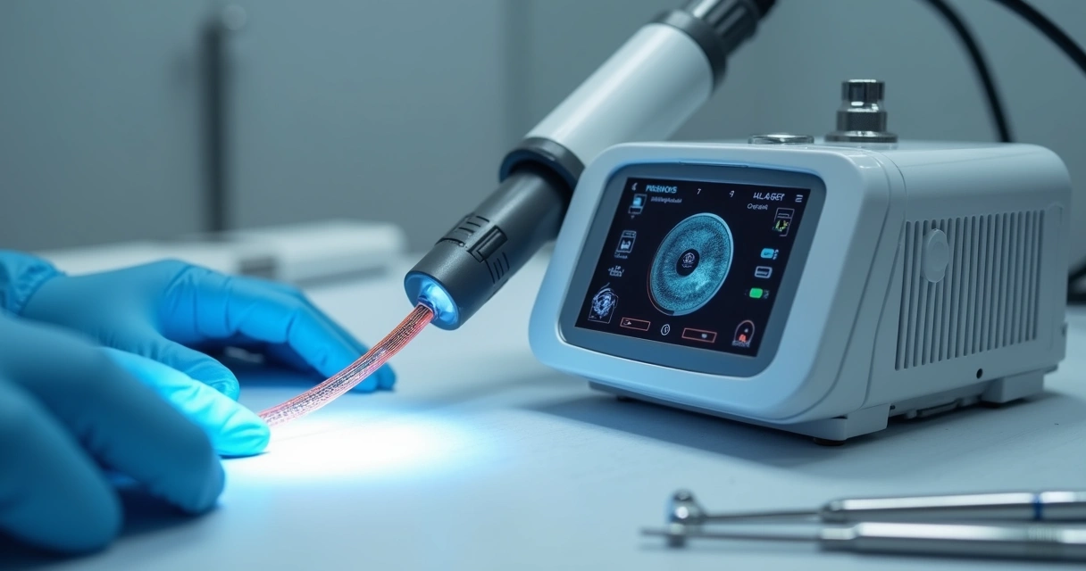 Equipamento moderno de endolaser utilizado em clínica médica para tratar varizes. 