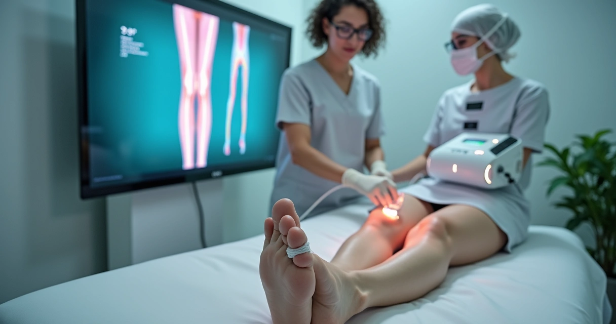Profissional aplica endolaser em perna com equipamento a laser e tela digital ao fundo 