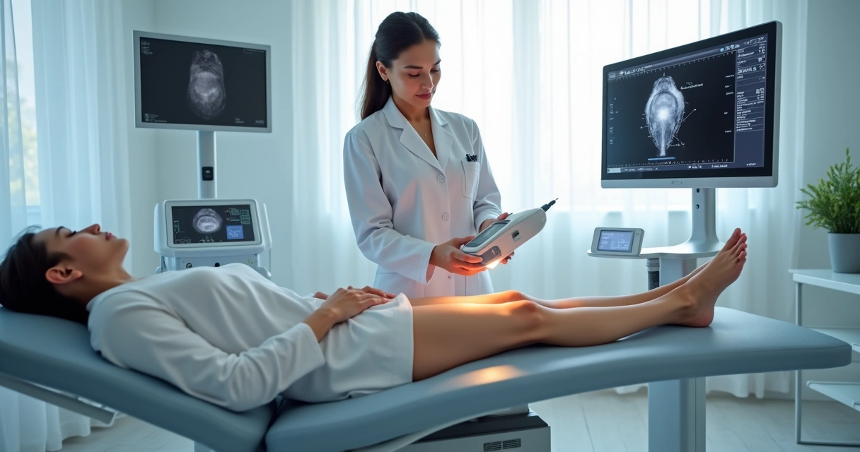 Consulta médica com ultrassom guiando o procedimento de endolaser em veia safena para varizes 