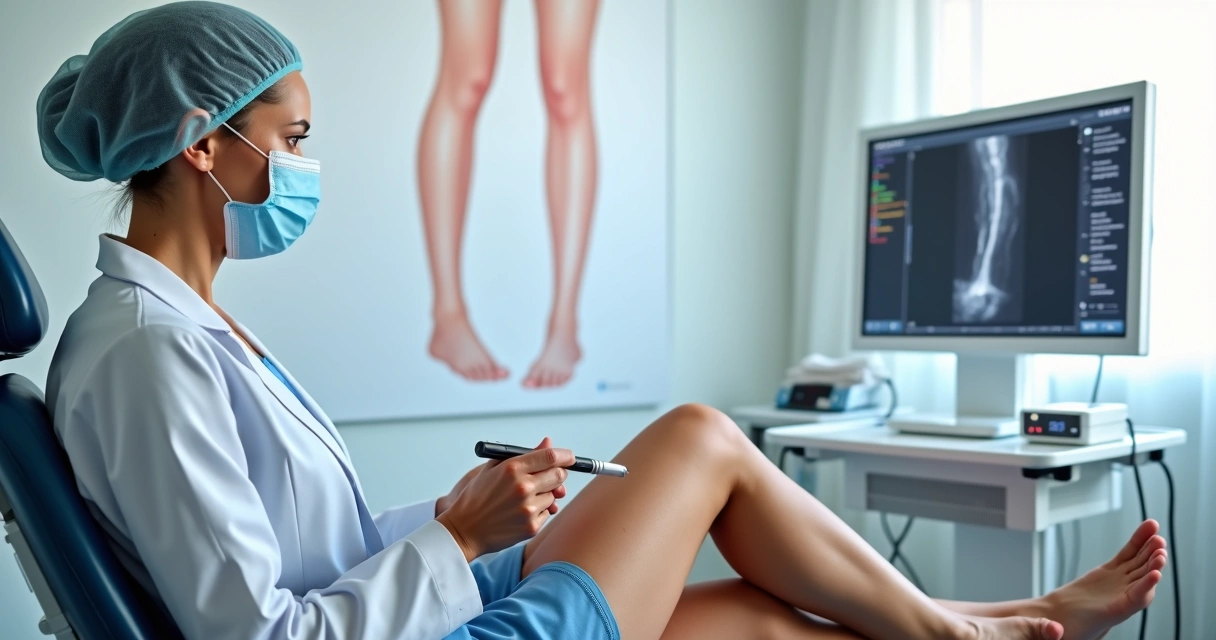 Médico vascular aplicando endolaser em veia da perna com ultrassom em clínica moderna 