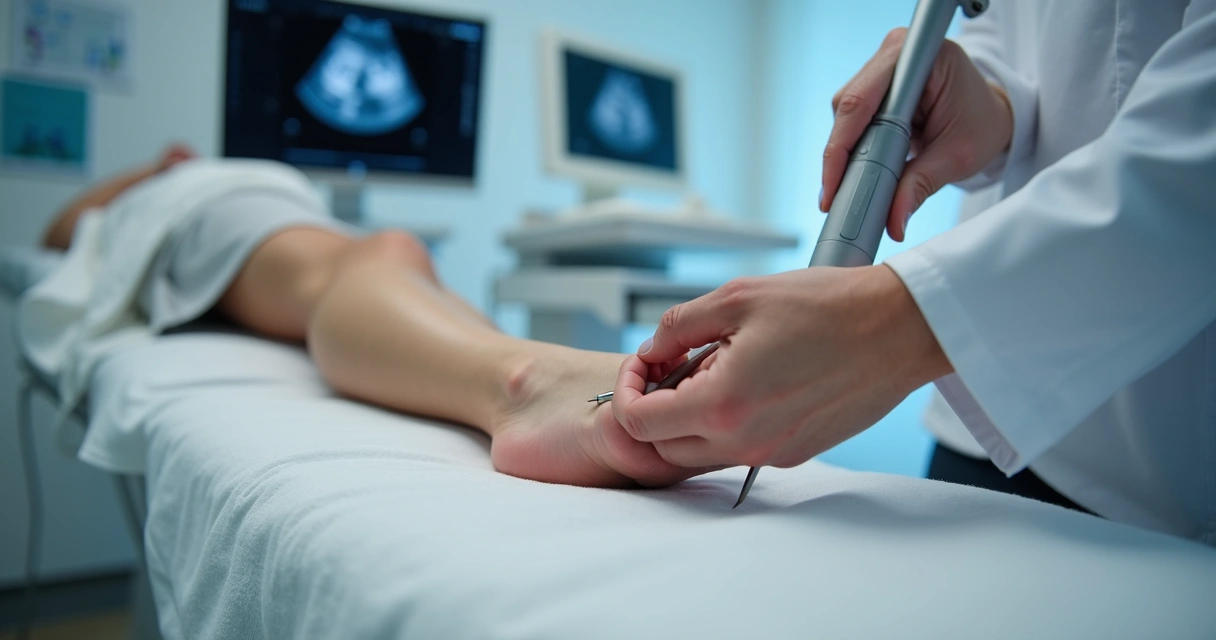 Ultrassom guiando tratamento a laser em perna com varizes 