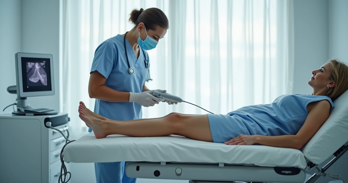 Médico vascular aplicando endolaser em veias das pernas em clínica moderna 