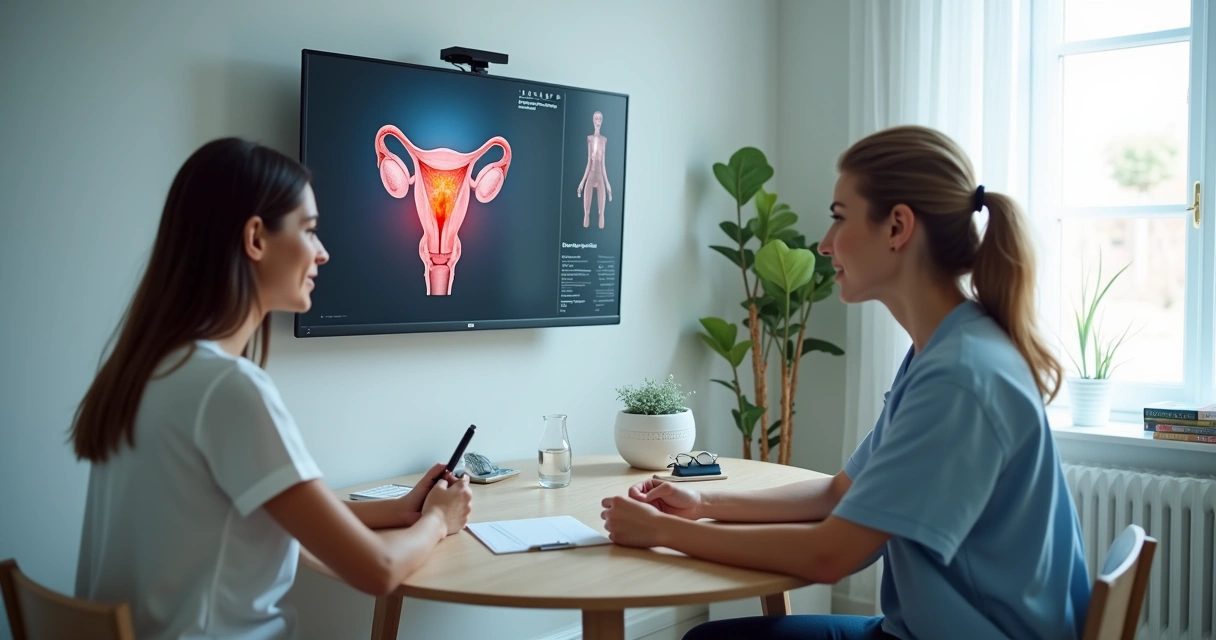 Mulher adulta observando ilustração de endometriose na tela ao lado de médica ginecologista 