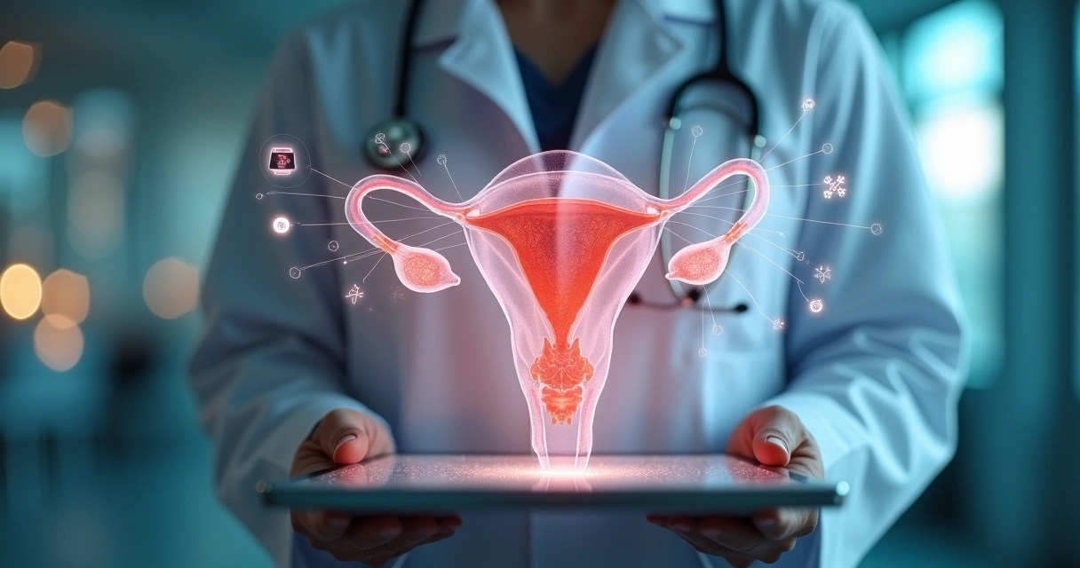 Ilustração conceitual mostrando útero estilizado com camadas transparentes e gráficos médicos ao redor 