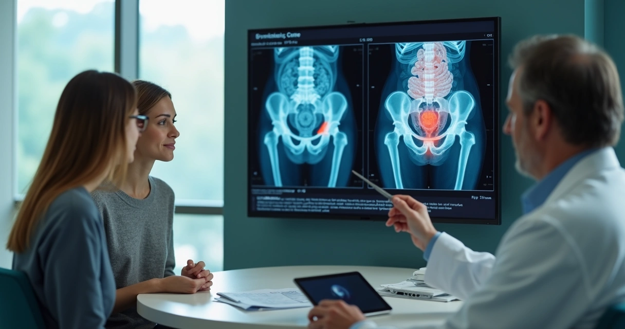 Ginecologista mostrando ao casal a localização da endometriose no intestino e bexiga em tela de exame 