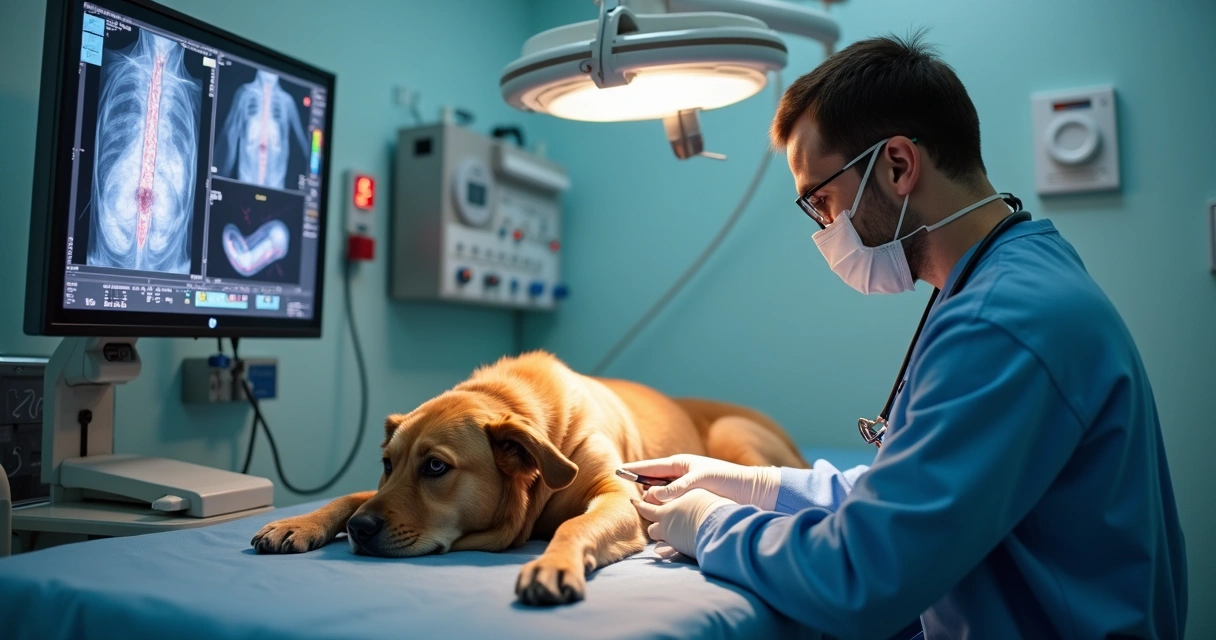 Veterinário realizando endoscopia em cão anestesiado em clínica 