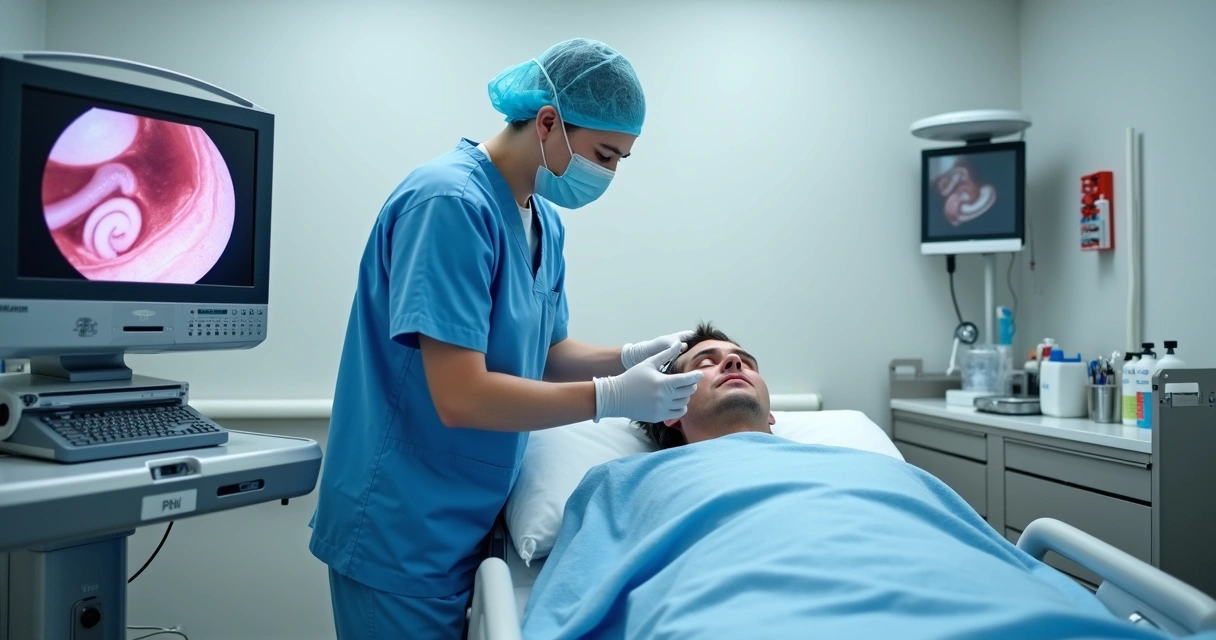 Médica preparando paciente para endoscopia digestiva alta em sala de exame moderna 