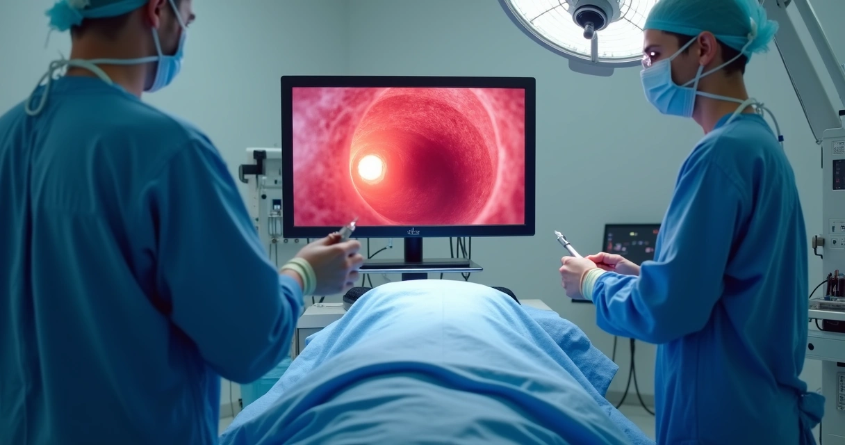 Sala cirúrgica com monitor mostrando procedimento endoscópico minimamente invasivo 