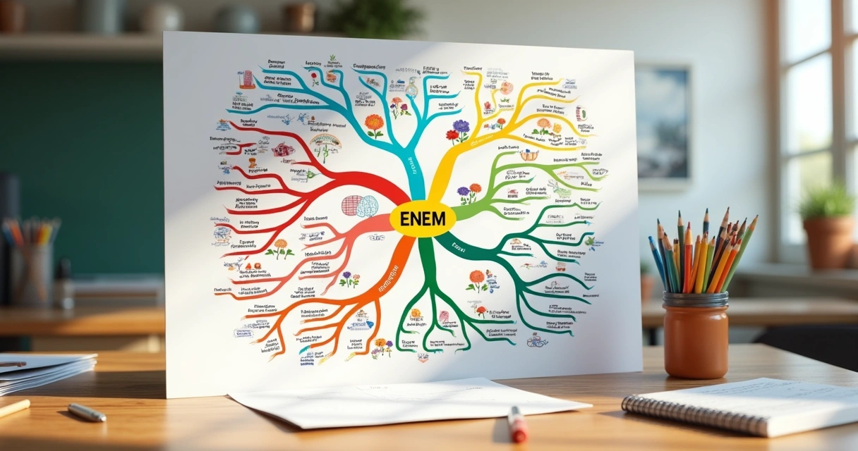 Mapa mental sobre temas do ENEM com cores e desenhos 