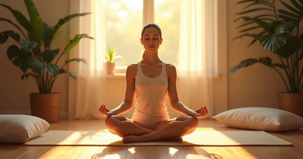 Pessoa sentada meditando com luz dourada ao redor, ambiente tranquilo