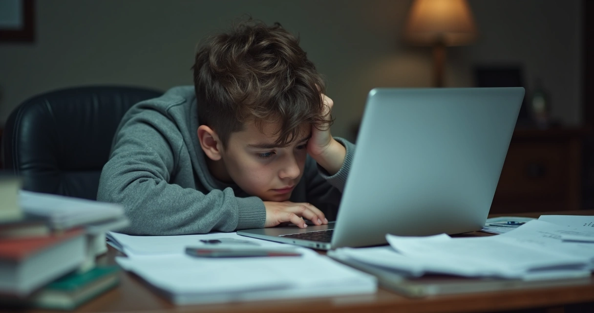 Persona sostiene la cabeza con la mano frente a una computadora portátil con documentos esparcidos 