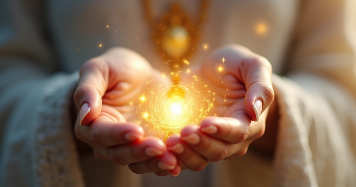 Mãos femininas segurando colar enquanto energia dourada envolve o acessório 