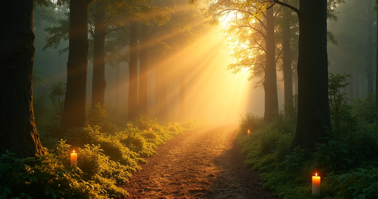 Caminho de luz dourada em floresta exuberante e mística 