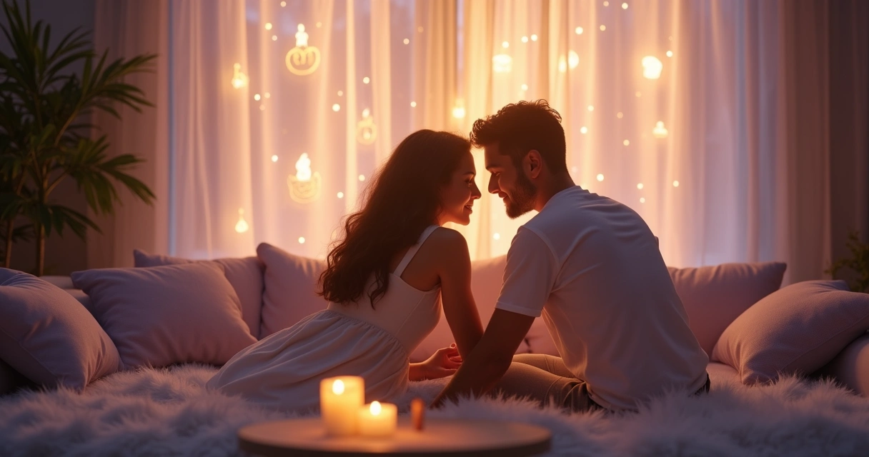 Casal envolto em energia mística e luz suave 