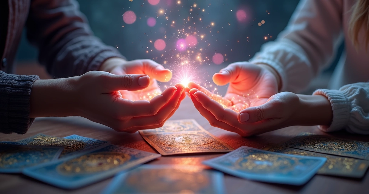 Representação artística de energia fluindo entre um casal e cartas de tarot 