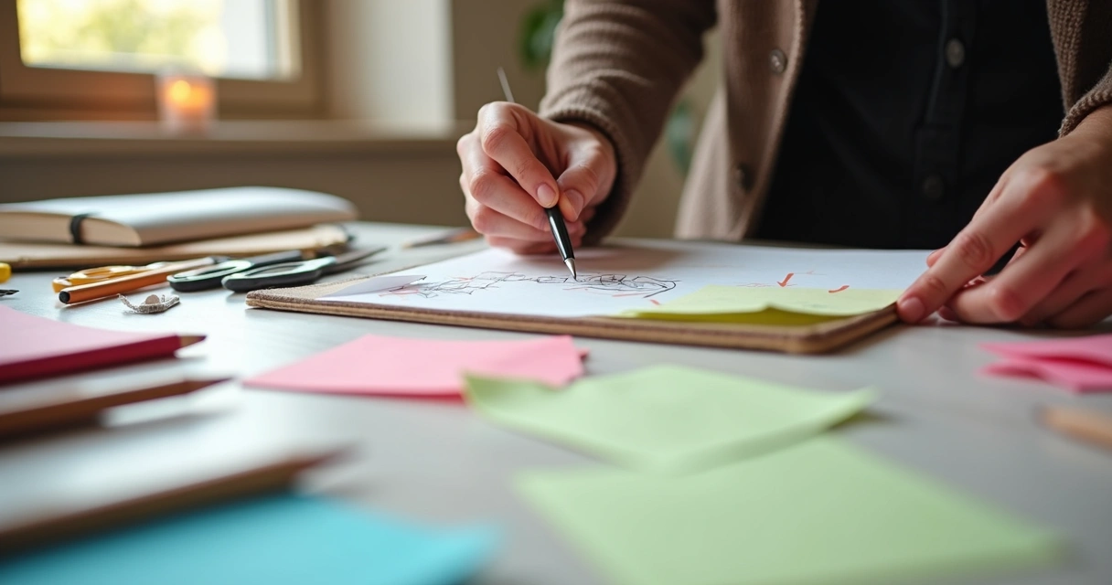 Manos recortando notas de colores en mesa de trabajo creativa 