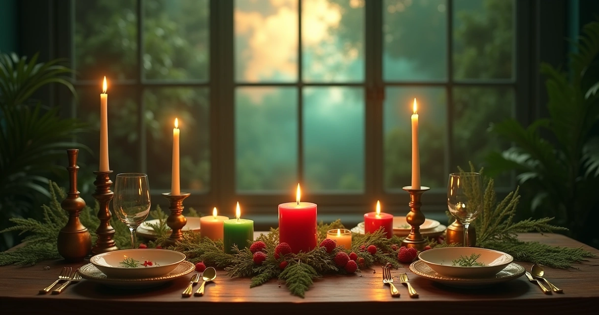 Uma mesa de madeira com vela vermelha acesa, velas verdes, cristais e folhas secas em um ambiente aconchegante.
