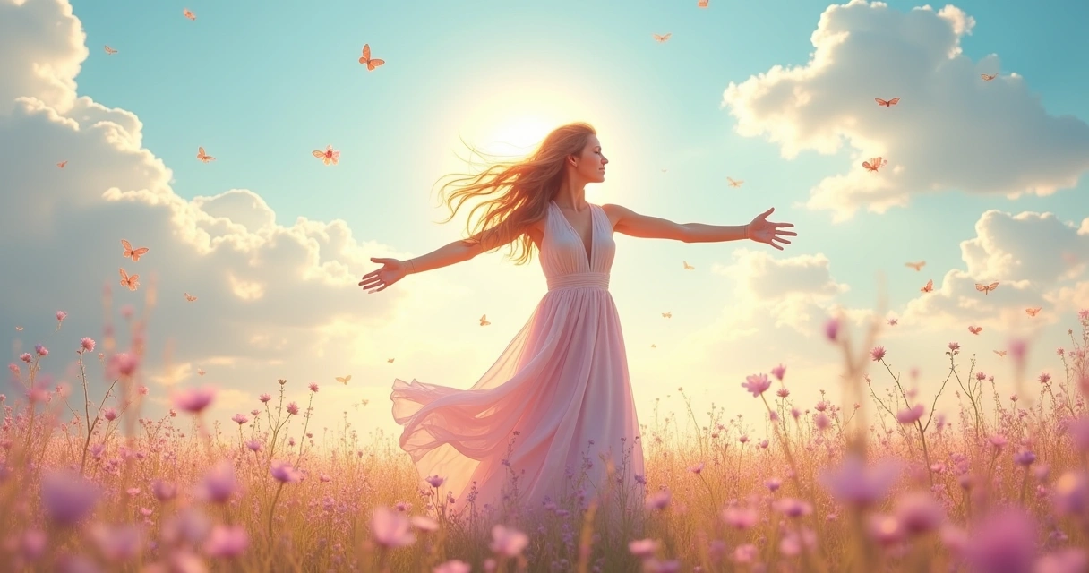 Mulher em vestido solto, em um campo ensolarado, rodeada de flores silvestres e energia de Vênus.