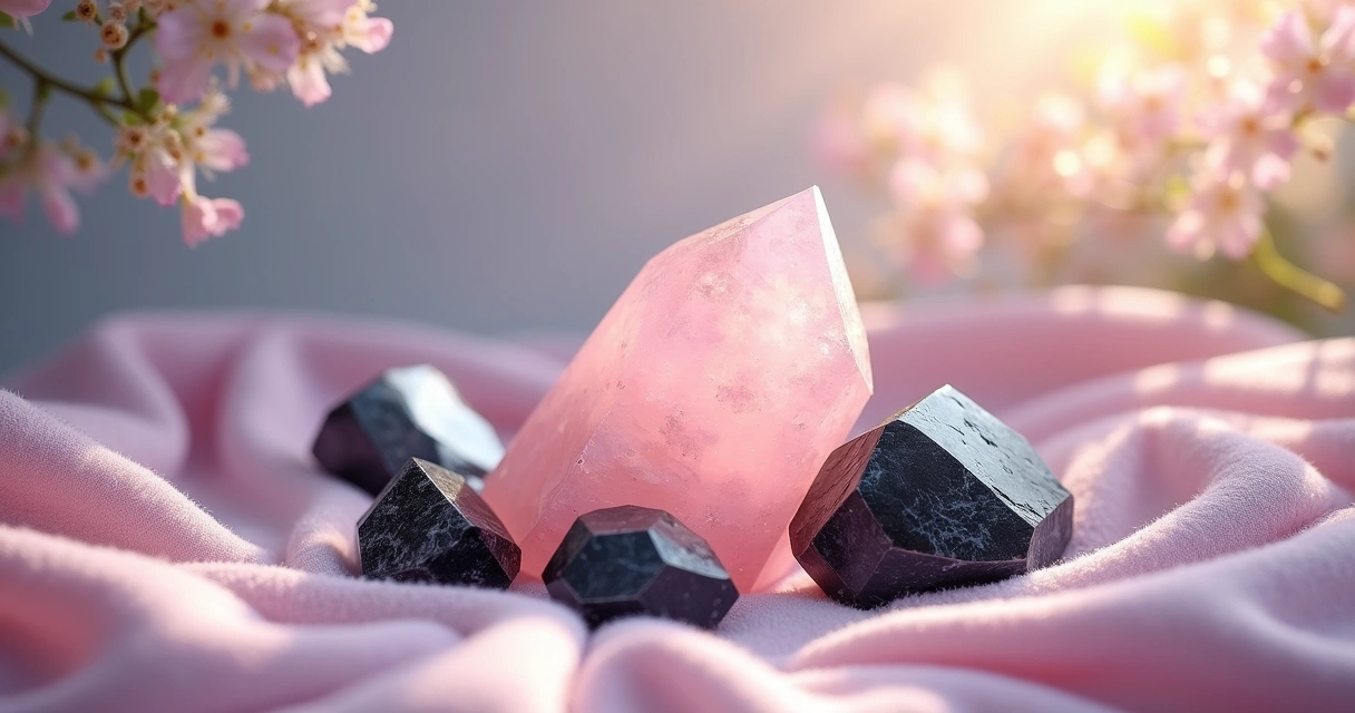 Várias pedras cristalinas dispostas sobre um tecido de veludo, incluindo quartzo rosa e turmalina negra.