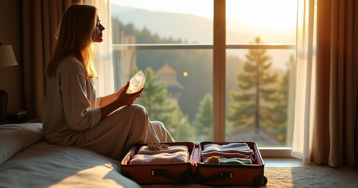 Pessoa segurando cristal em local de viagem natureza exuberante 