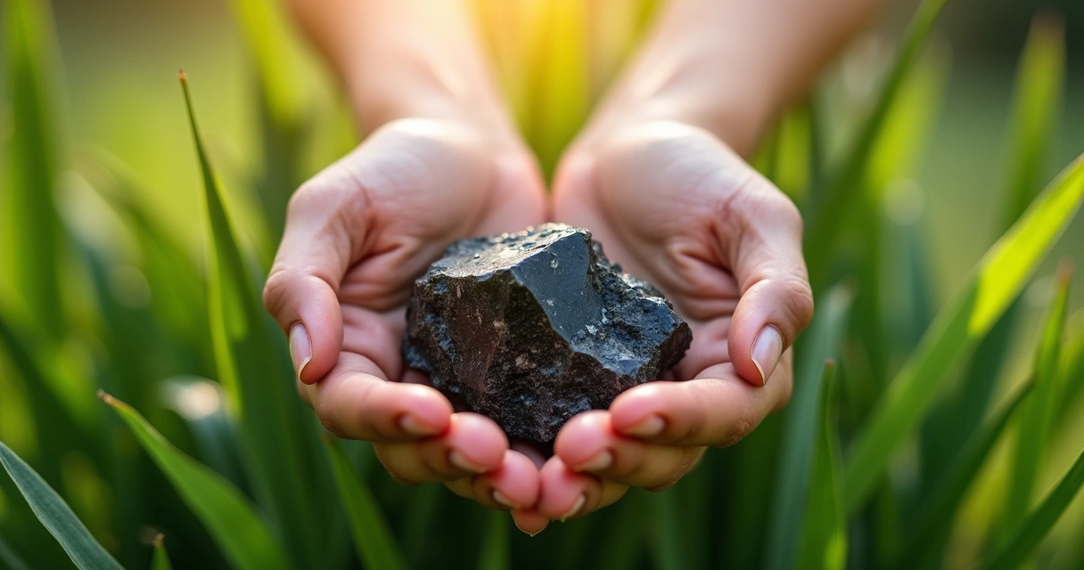 Mãos com pedra de proteção em local verde e ensolarado