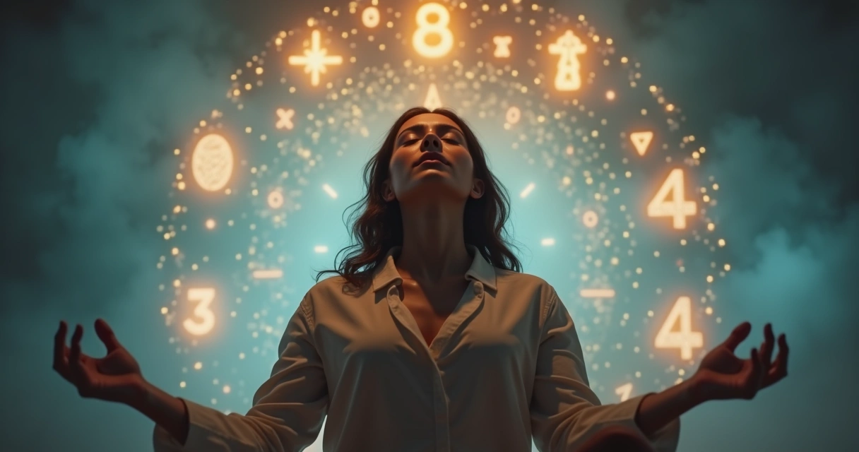 Figura feminina meditando, números envolvendo seu corpo em círculos 