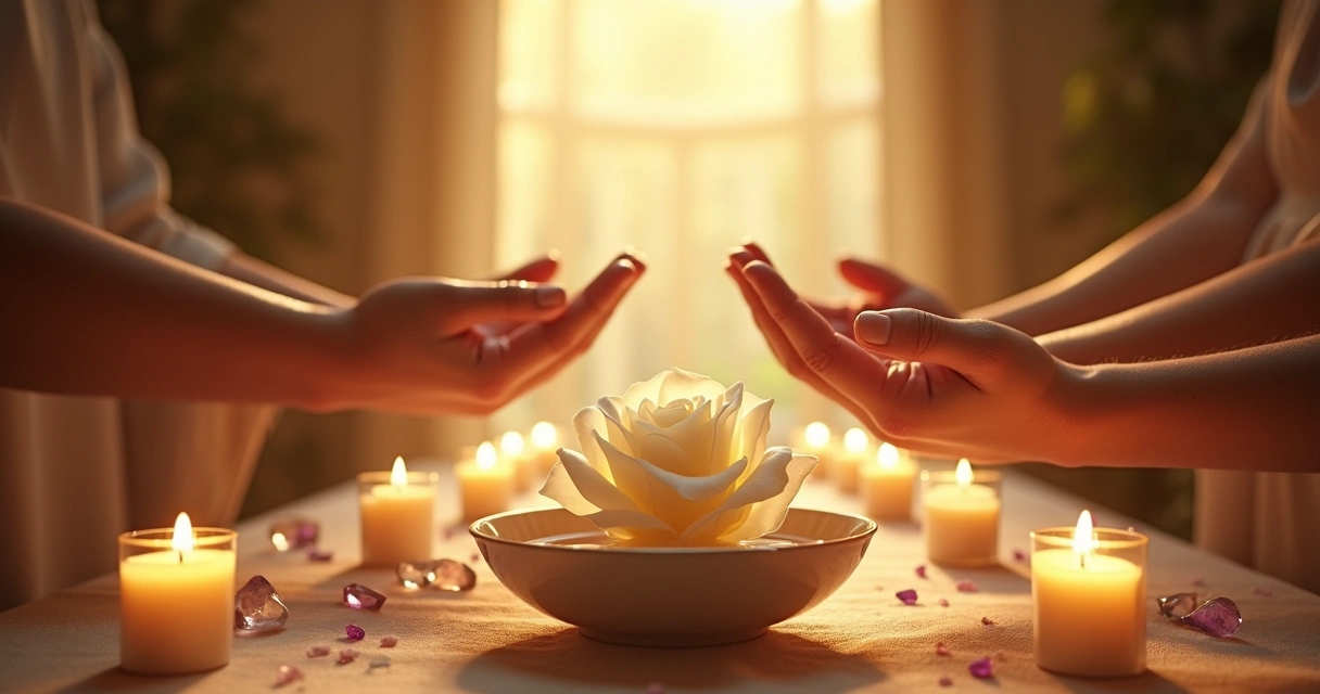 Cerimônia espiritual com rosa branca e luz de proteção 