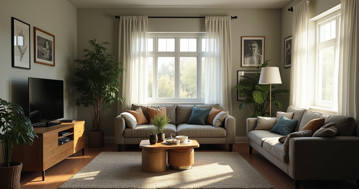 Sala com cores neutras e objetos acumulados, pouca luz natural