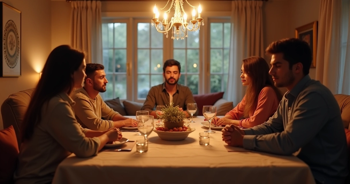 Família sentada à mesa com clima tenso, todos olhando para lados diferentes.
