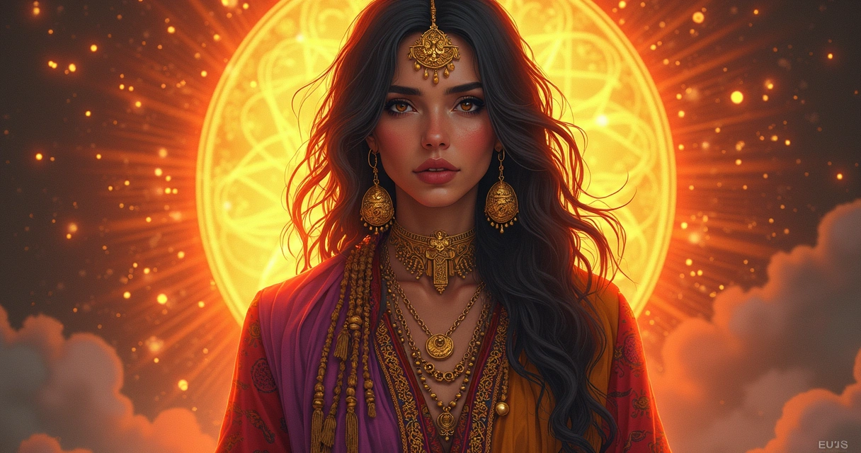 Ilustração vibrante de uma mulher cigana com adornos dourados e lenço colorido 