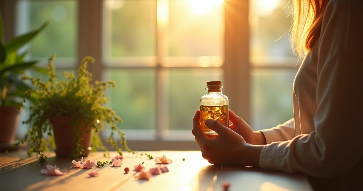 Pessoa realizando um ritual com florais vibracionais diante de uma janela com luz natural 