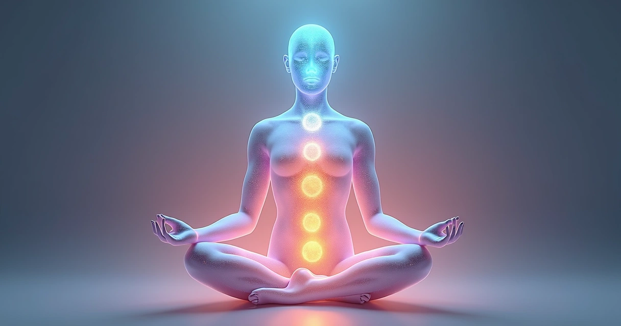 Conceito artístico do fluxo de energia entre chakras do corpo humano 