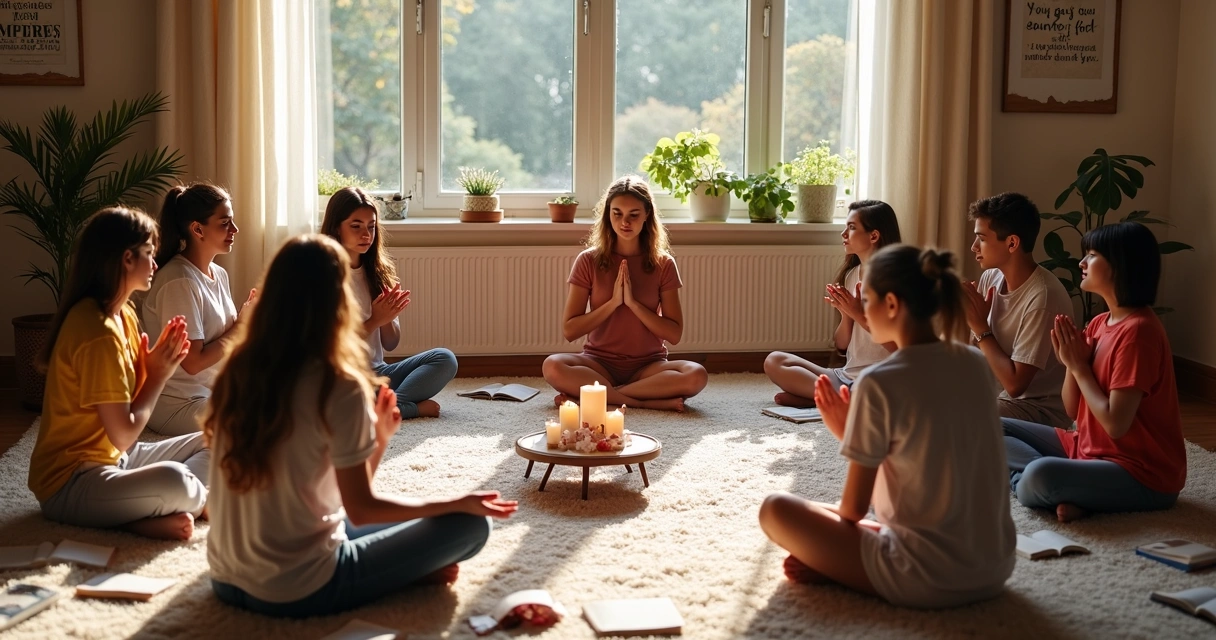 Grupo jovem meditando em roda em ambiente acolhedor de estudos e livros 