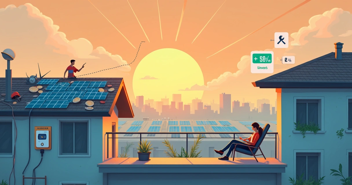 Ilustração comparando instalação de placas solares com energia solar por assinatura 