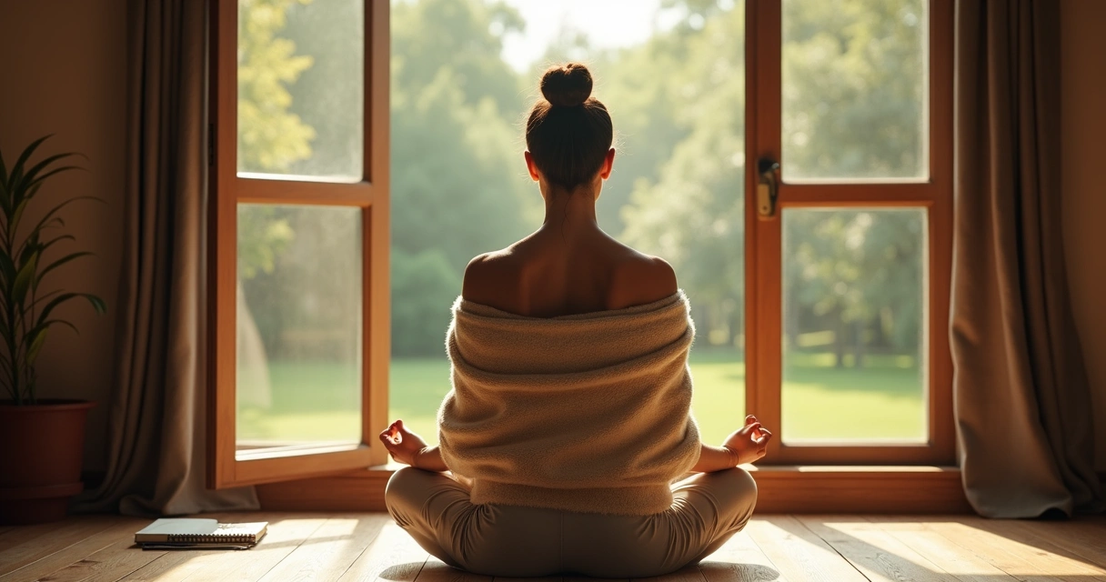 Pessoa sentada em posição de meditação ao amanhecer 