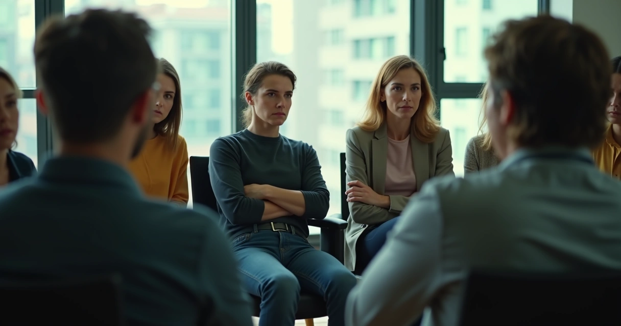 Grupo de pessoas reunidas trocando olhares desconfiados 