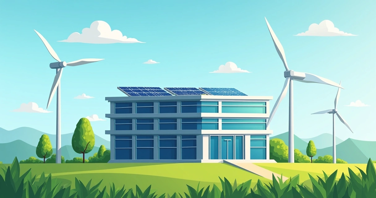 Data center com painéis solares e turbinas eólicas