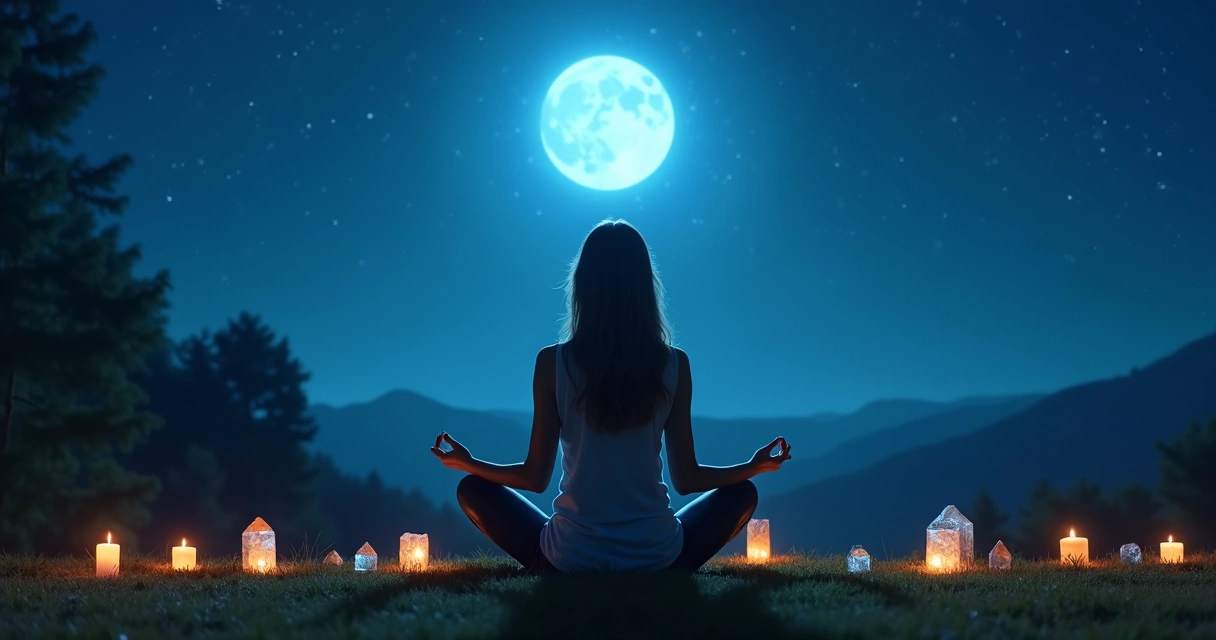 Pessoa sentada meditando de frente para lua cheia azul, cercada por cristais e natureza noturna