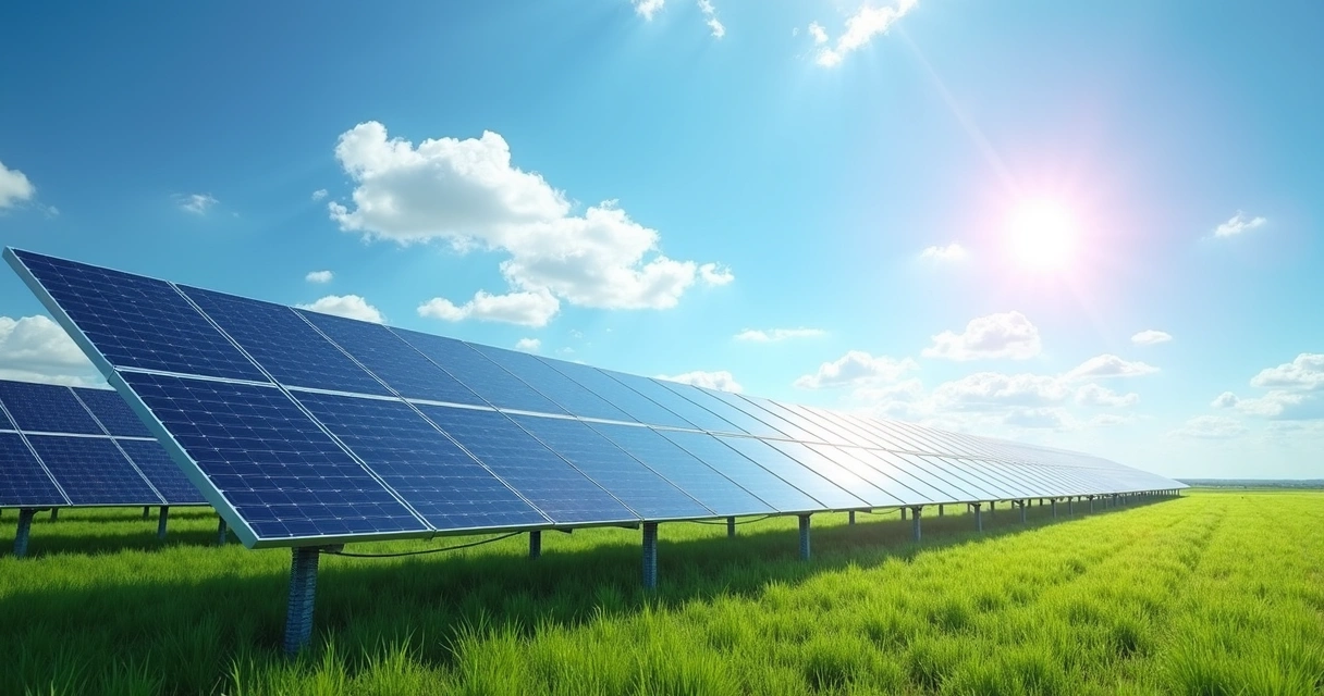 Painel solar fotovoltaico captando energia luminosa do sol em campo aberto com céu azul claro 