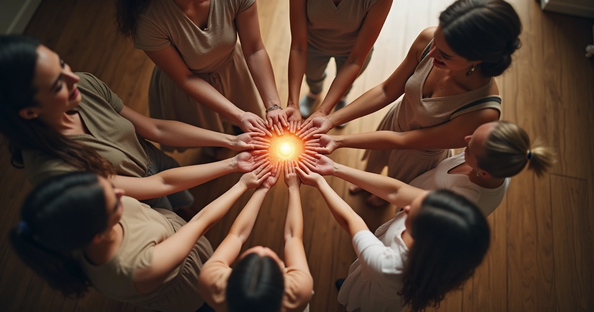 Círculo de pessoas de mãos dadas com energia sutil entre elas