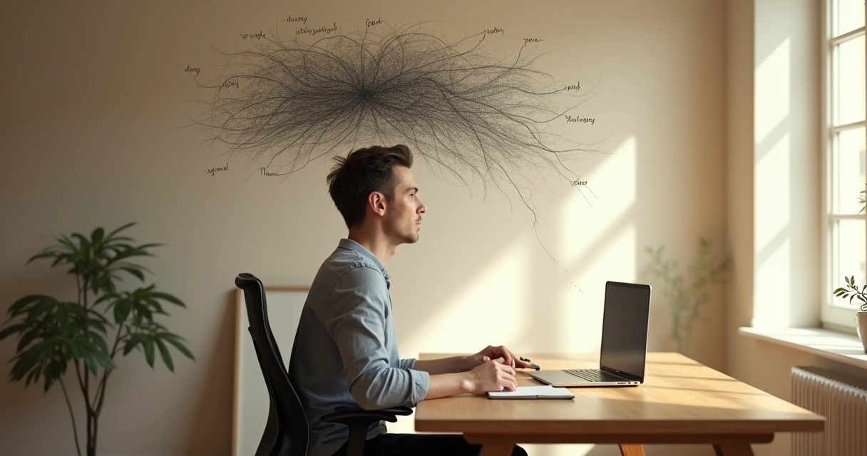Persona sentada en escritorio con líneas de pensamientos desordenados transformándose en uno claro 