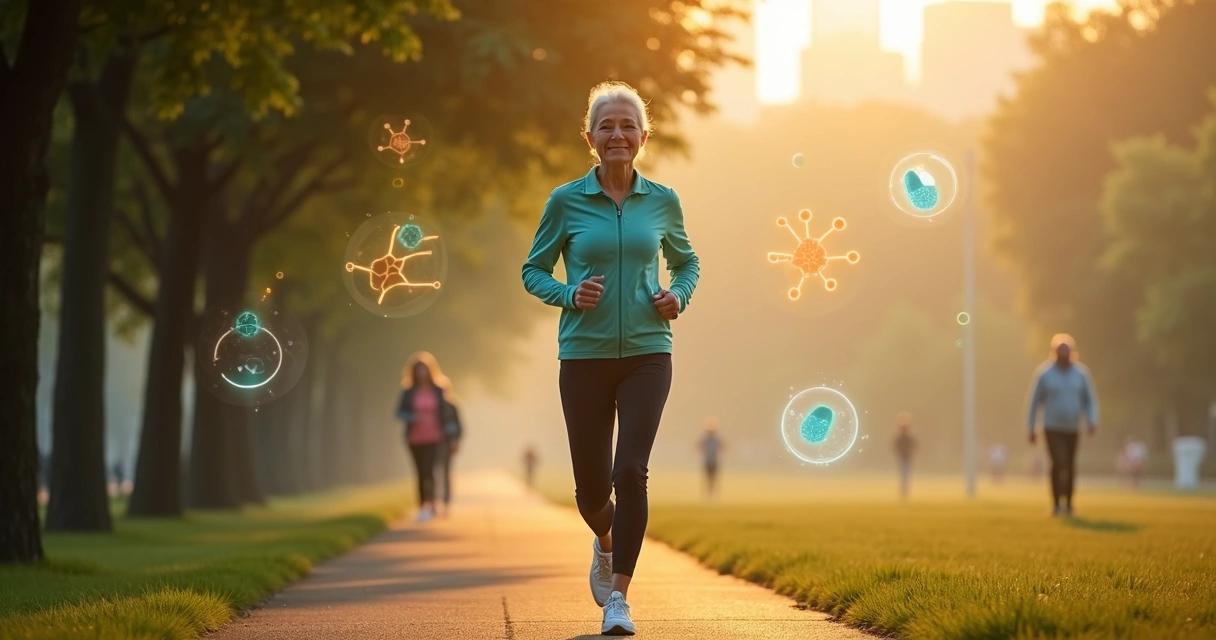 Senior fazendo caminhada em parque com gráficos de energia celular ao fundo 