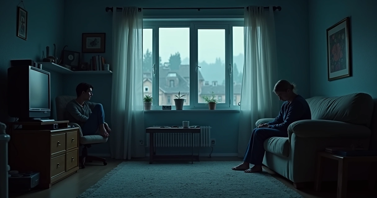 Ambiente doméstico com atmosfera pesada e pessoas desanimadas