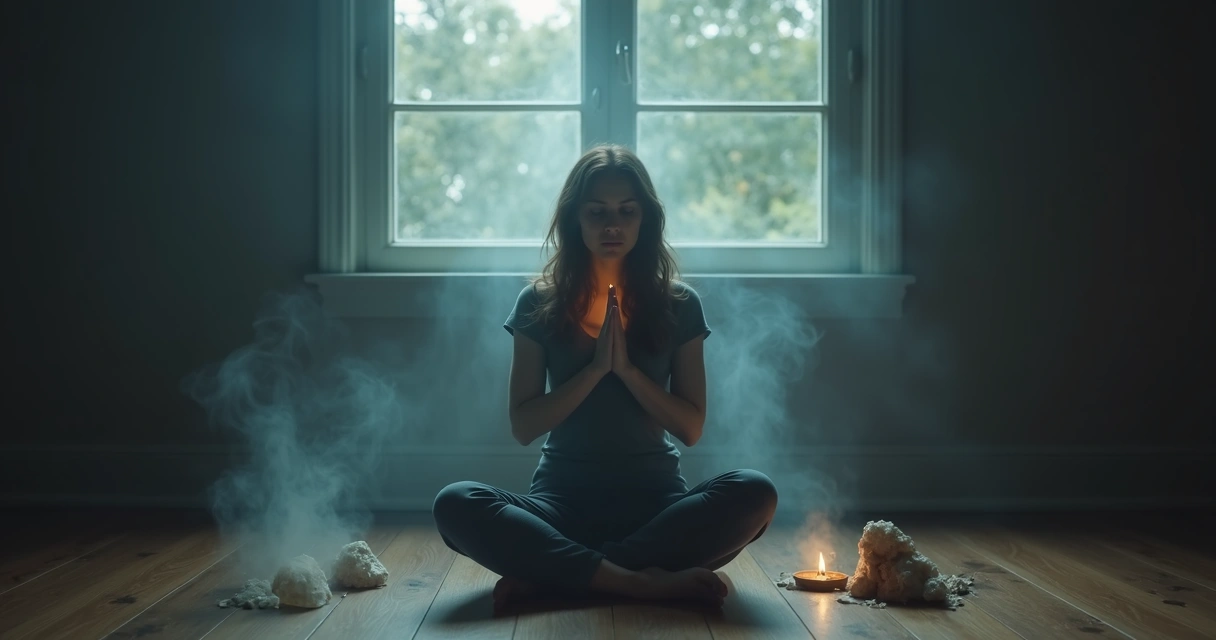 Mulher sentada se protegendo de energia escura ao seu redor 