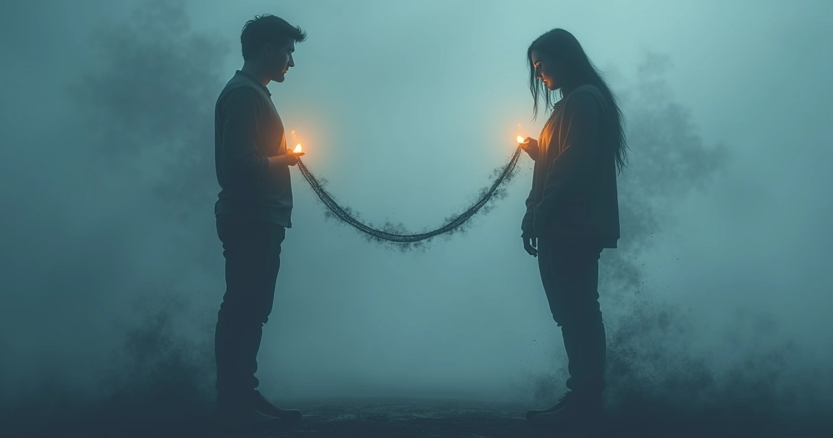 Representação artística de duas pessoas conectadas por um fio energético escuro 